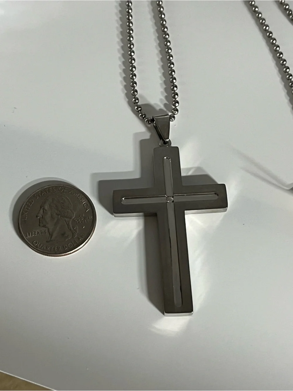 24”,Stainless Steel, Cross Pendant with Single CZ Stone & Bead Necklace